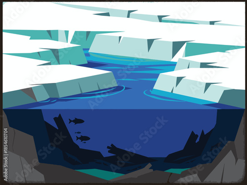 Polar landscape with icebergs, deep blue ocean and submarine ecosystem