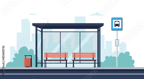 Empty bus stop shelter with wooden benches and a trash can on a city street with a modern urban skyline in the background.