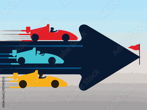 Dynamic illustration of race cars accelerating towards a finish line flag