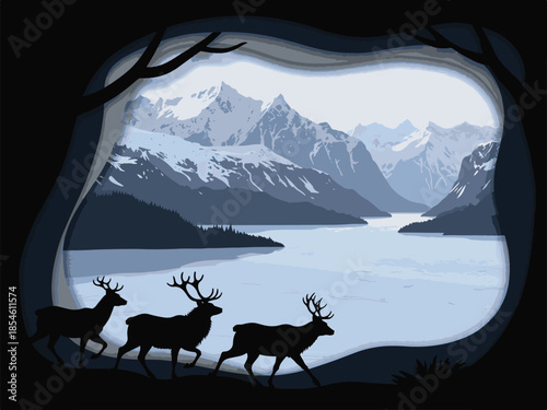 Winter Mountain Landscape with Deer and Lake in Paper Cut Style