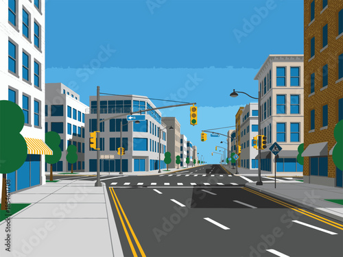 Stylized urban street scene with diverse buildings and traffic lights