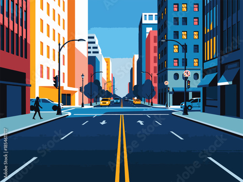 Vibrant stylized city street scene with buildings, cars, and a person