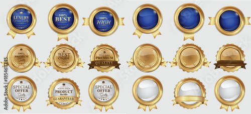Collection of luxury golden badge premium quality labels seals glossy metallic labels laurels and ribbons blue gold emblems. Vector illustration.