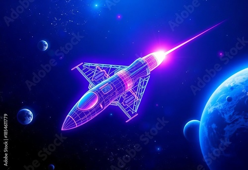 High-speed concept jet, cosmic wireframe, starfield, planets, deep space, blue-purple vector illustration,  conceptual,  geometric