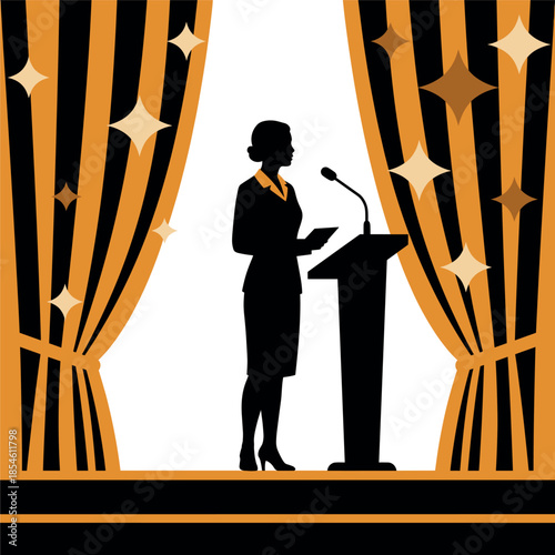 Woman in black silhouette speaking at podium on stage with orange and black curtains microphone