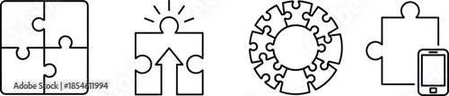 Vector illustration of puzzle icons—symbols for collaboration, personal growth, teamwork, problem-solving, and technology integration in strategic development reference