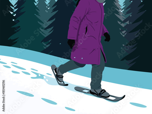 Person snowshoeing in a winter forest landscape with falling snow
