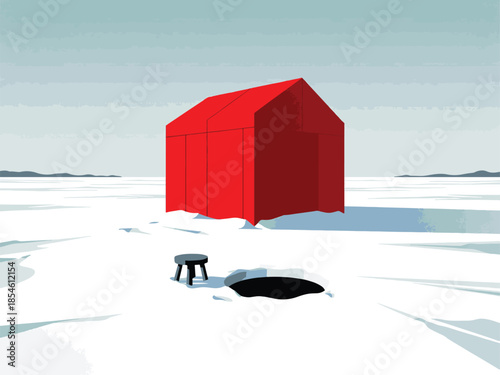 Minimalist red ice fishing shack on a frozen lake with hole and stool