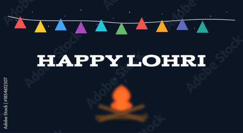 Lohri Greeting Card Bonfire with Pennant Flags
