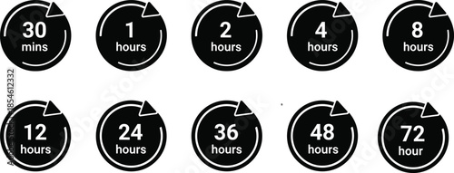 Vector illustration of time duration icons—symbols for scheduling, process tracking, hourly intervals, countdown design, and timeline reference