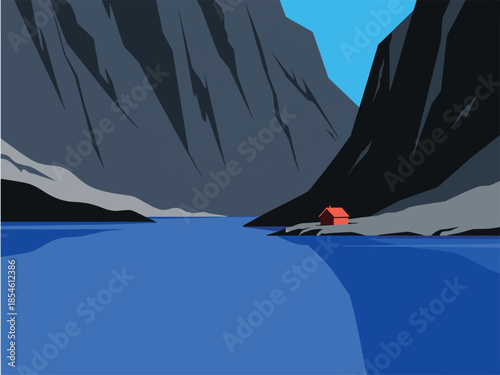 Minimalist graphic illustration of a red cabin by a blue lake and dark mountains