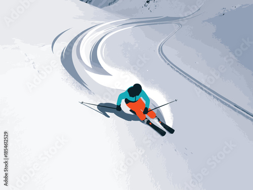 Dynamic aerial view of a skier making turns on a pristine snow slope