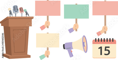 Conference setup with microphones and signs