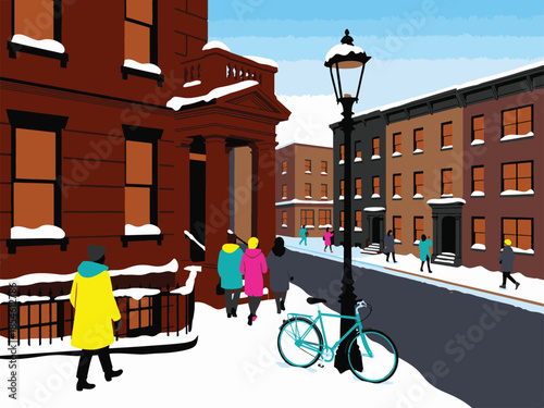 Snowy city street with people walking past brownstone buildings