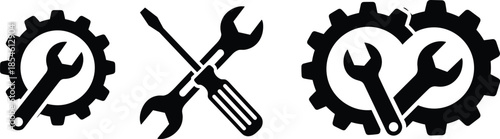 Vector illustration of wrench and gear icons—symbols for maintenance, repair, engineering, configuration, mechanical tools, and technical support reference
