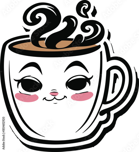 Sleepy cartoon coffee cup with tired eyes and steam face, humorous expression, thick black outline, modern sticker illustration, transparent background 2