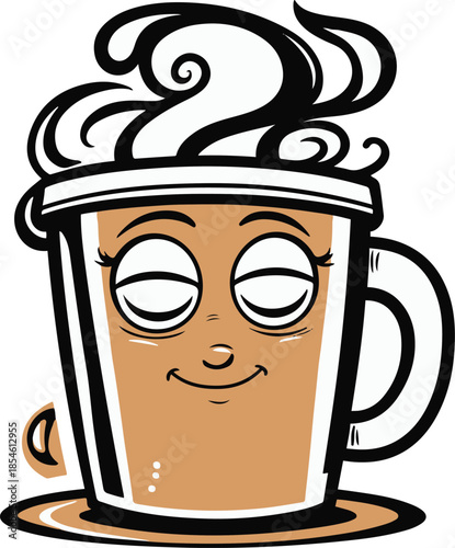 Sleepy cartoon coffee cup with tired eyes and steam face, humorous expression, thick black outline, modern sticker illustration, transparent background 3