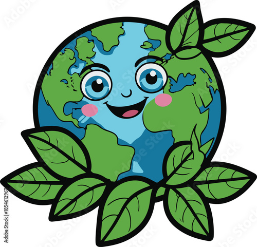 Smiling earth character hugging leaves, sustainability theme, bright flat colors, bold outline, vector sticker style, transparent background 1