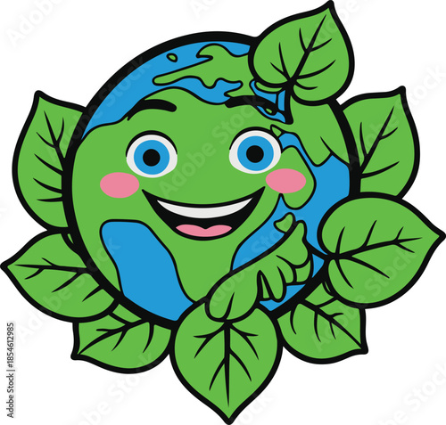 Smiling earth character hugging leaves, sustainability theme, bright flat colors, bold outline, vector sticker style, transparent background 2