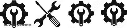 Vector illustration of wrench and gear icons—symbols for mechanical tools, repair service, engineering support, configuration, and technical maintenance reference