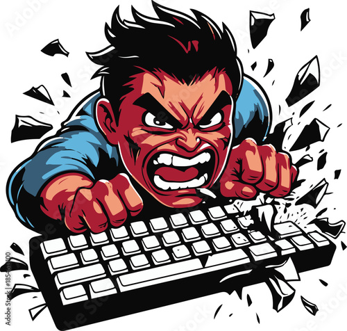 Angry gamer emoji smashing keyboard, exaggerated expression, bold cartoon style, thick outline, transparent background 1