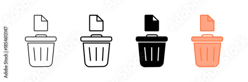Set of minimalist trash can icons with transparent background, depicting file deletion symbols for data management, digital cleanup, and user interface designs, vector illustration