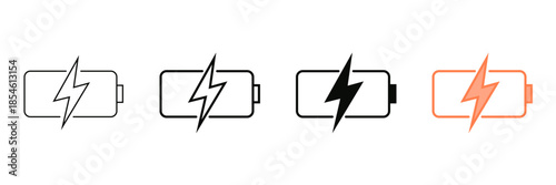 Set of minimalist battery charging icons with transparent background, depicting electric power, device status, mobile energy, and user interface, vector illustration