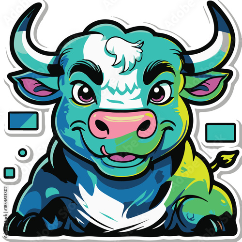 Playful cartoon bull representing crypto market, bold line art, modern flat sticker style, strong outline, transparent background 1