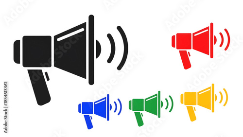 Set of colorful megaphone icons with sound waves, including a large black one and smaller red, blue, green, and yellow versions, on a white background.