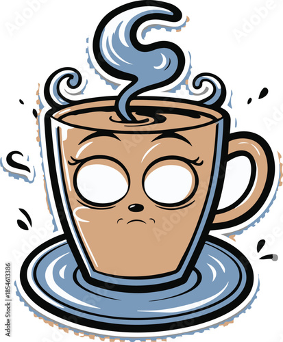 Sleepy cartoon coffee cup with tired eyes and steam face, humorous expression, thick black outline, modern sticker illustration, transparent background 1.
