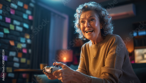Excited senior woman playing video game with controller at home