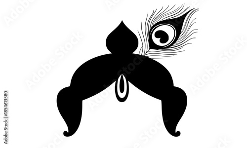 Black and White Silhouette Vector Illustration of Lord Krishna's Crown with Peacock Feather, Mor Pankh Hindu Symbol for Janmashtami, Spiritual and Devotional Design