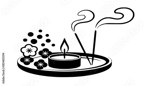 Black and White Vector Illustration of Burning Incense Sticks, Candle and Flowers on Plate for Aromatherapy, Zen Meditation, Spa Relaxation and Wellness Concept