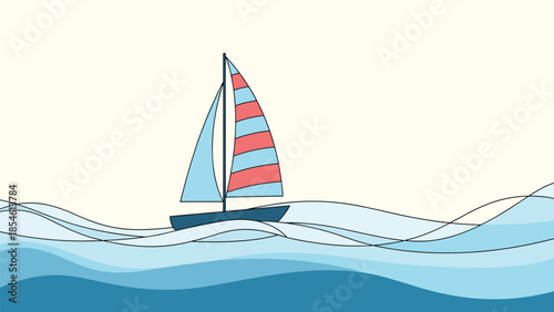 Colorful illustration of a sailboat with striped sails cruising on stylized blue ocean waves against a cream background.