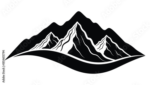 Majestic mountain peaks silhouette with sharp ridges and snowy highlights is shown against a clear white background.
