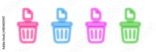 Neon glowing delete file vector icons set, trash, remove, recycle, garbage, data, document, glowing ui ux interface, vibrant colorful digital design illustration on transparent background.