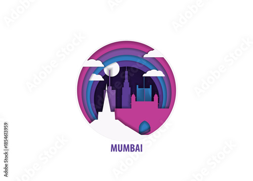 Mumbai, India paper cut, cityscape crafted vector illustration. Origami, layered art of city with skyline, buildings, landscape shape for sticker, badge, web, print