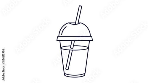 Minimalist line art illustration of a clear plastic cup with a lid and a straw containing a refreshing beverage.