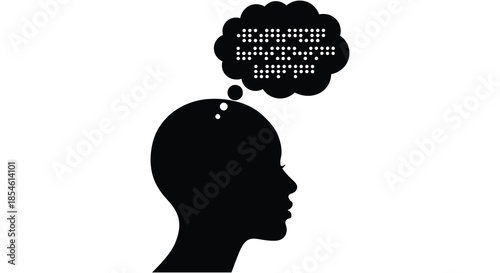 A dark human head profile with a thought bubble filled with braille dots silhouette