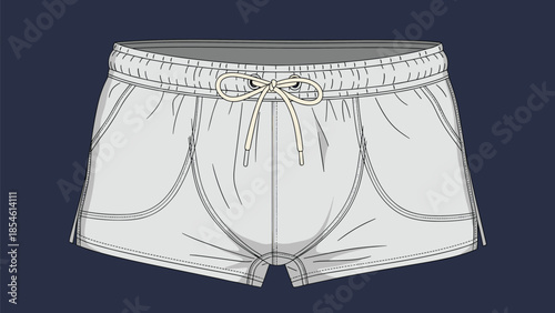 Illustration of grey athletic running shorts with a drawstring waist is set against a dark blue background.