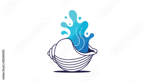 Creative illustration of a white spiral seashell with a vibrant blue water splash emerging from it on a white background.