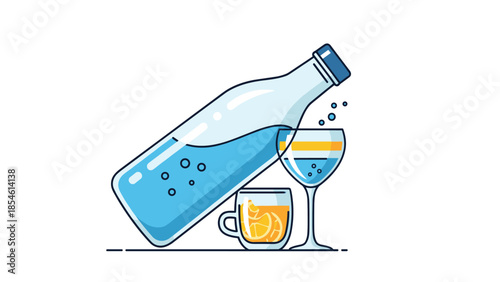 Flat line art illustration of a tilted water bottle with two glasses containing refreshing beverages and lemon slices.