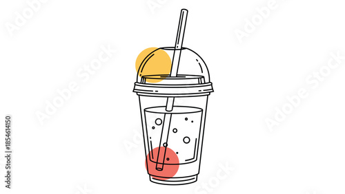 Line art illustration of a clear drink cup with a lid and straw featuring colorful abstract circles in the background.