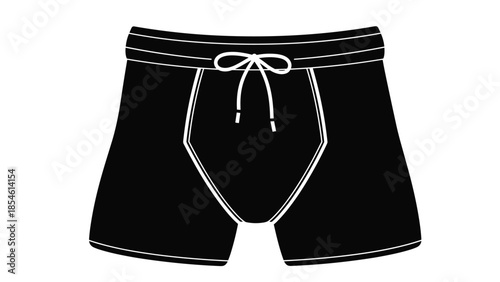 Black silhouette illustration of men's boxer briefs with a white drawstring is isolated on a plain white background.