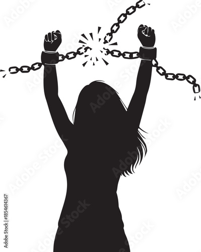 Silhouette of a woman breaking free from chains with arms raised in triumph