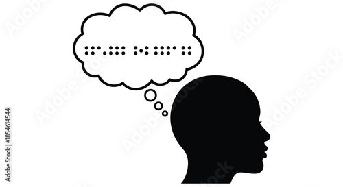 A human head profile paired with a thought bubble filled with braille dots silhouette
