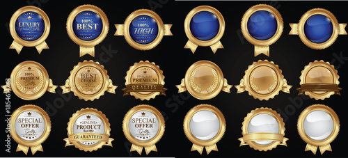 Collection of luxury golden badge premium quality labels seals glossy metallic labels laurels and ribbons blue gold emblems. Vector illustration.