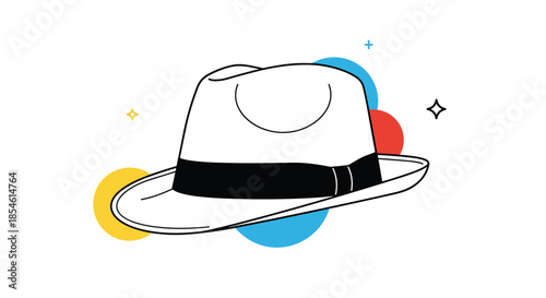 Stylish white fedora hat with black band and colorful abstract shapes representing modern urban fashion accessory.