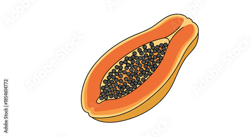 Close up cross section of ripe papaya fruit showing vibrant orange flesh and numerous small black seeds on display.