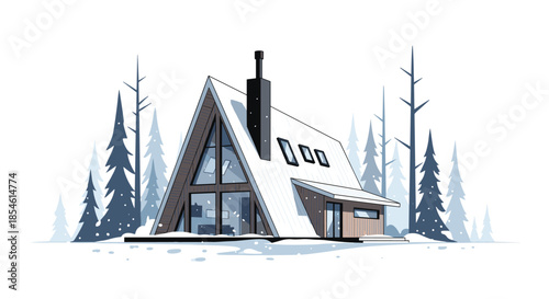 Modern wooden A-frame cabin nestled in snowy pine forest landscape representing winter holiday retreat environment.